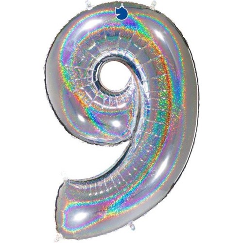 Foil balloon "NUMBER 9" holo glitter silver